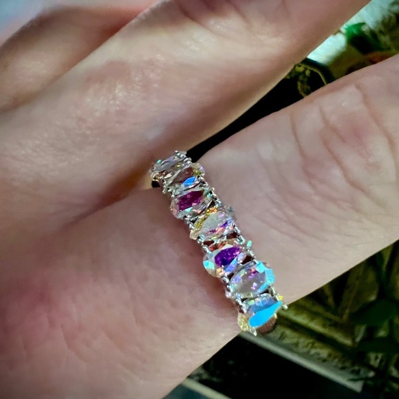 Jewelry - Beautiful Aurora Borealis pear cut unique band style ring 14K White Gold & 925